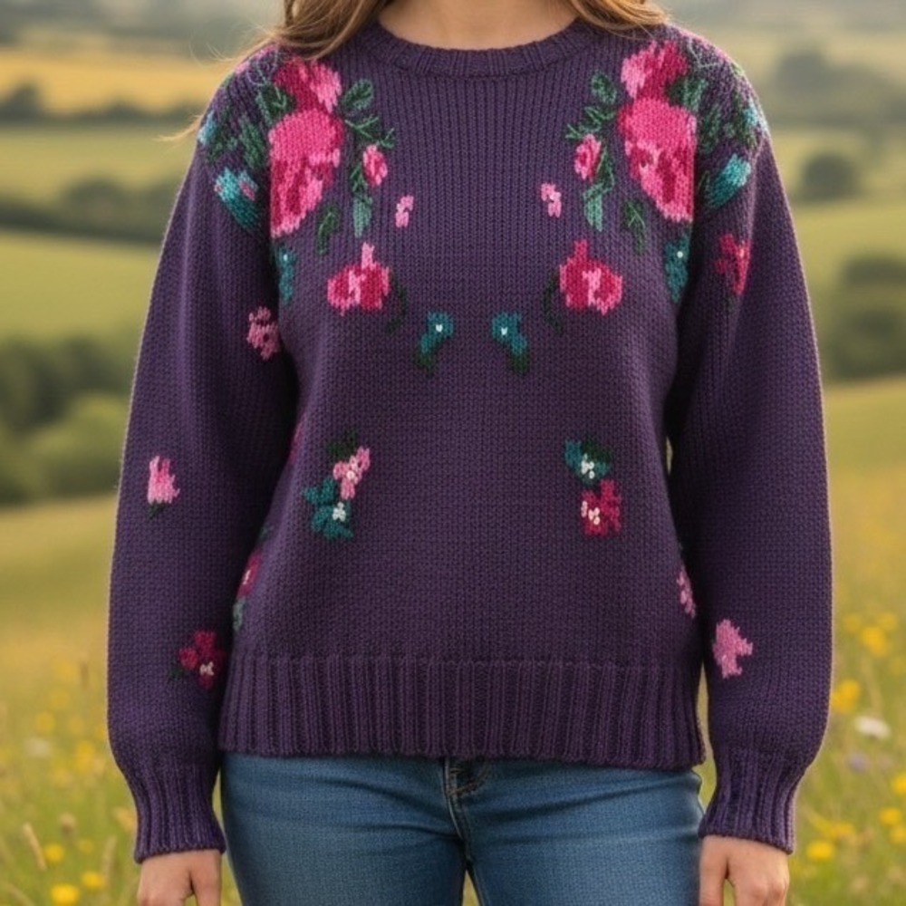 Vintage 90s Floral Embroidered Cotton Medium Sweater‎ Cottagecore Coquette